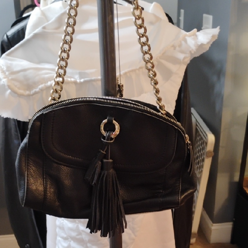 B. Makowsky Black Leather Shoulder Bag with Chain Strap
